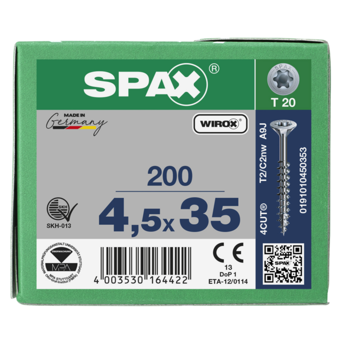 Spax spaanplaatschroeven T20 verzinkt 4.5 x 35 mm deeldraad