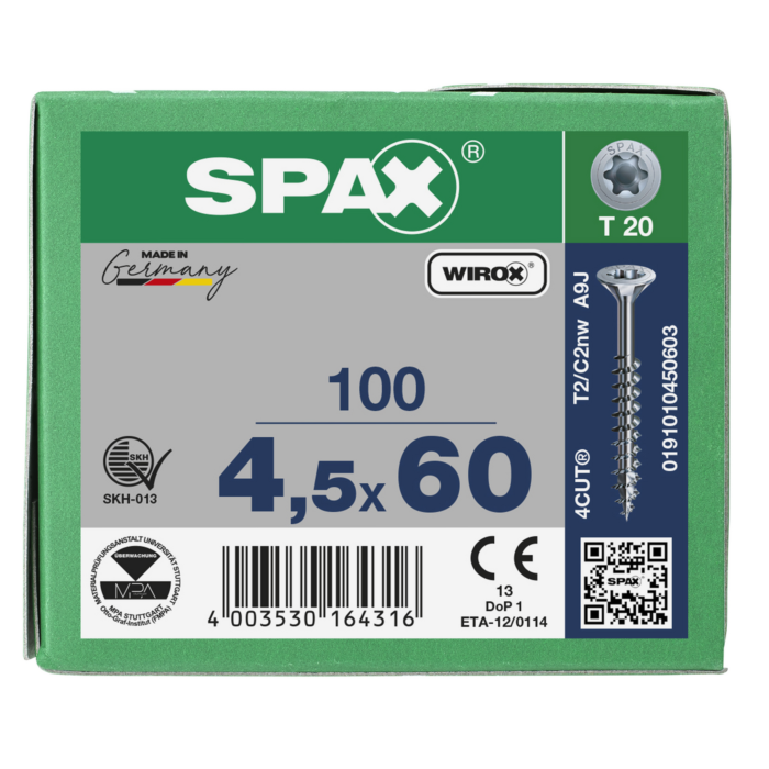 Spax spaanplaatschroeven T20 verzinkt 4.5 x 60 mm deeldraad