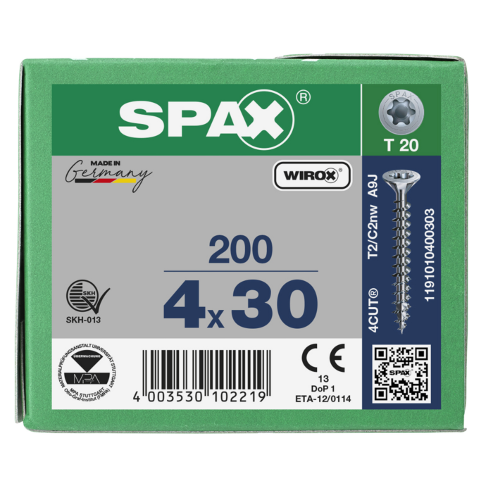 Spax spaanplaatschroeven T20 verzinkt 4 x 30 mm voldraad