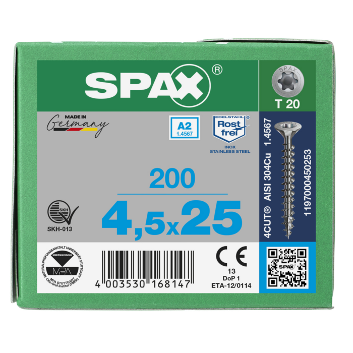 Spax spaanplaatschroeven T20 RVS A2 4.5 x 25 mm voldraad